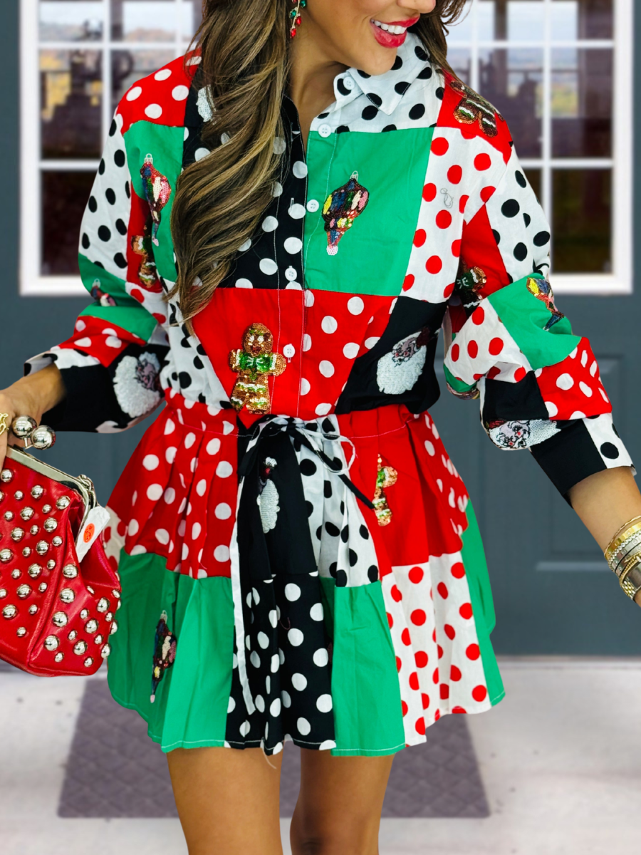 Colorful Polka-Dot Colorblock Christmas Dress