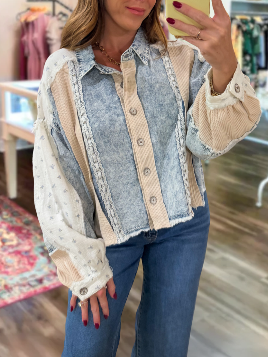 Floral Waffle Patchwork Denim Shirt