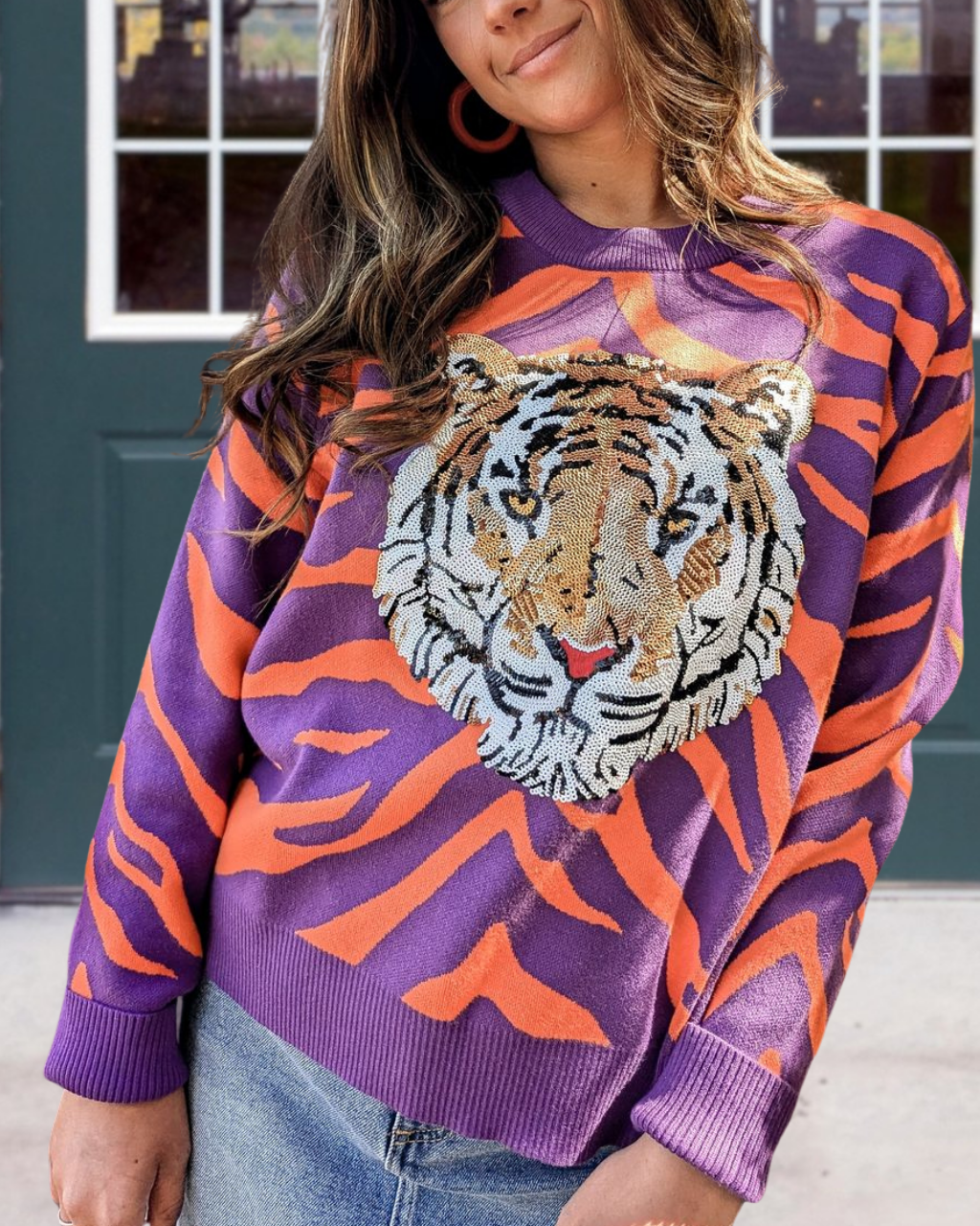 Gameday Tiger Stripe Sequin Tiger Head Top