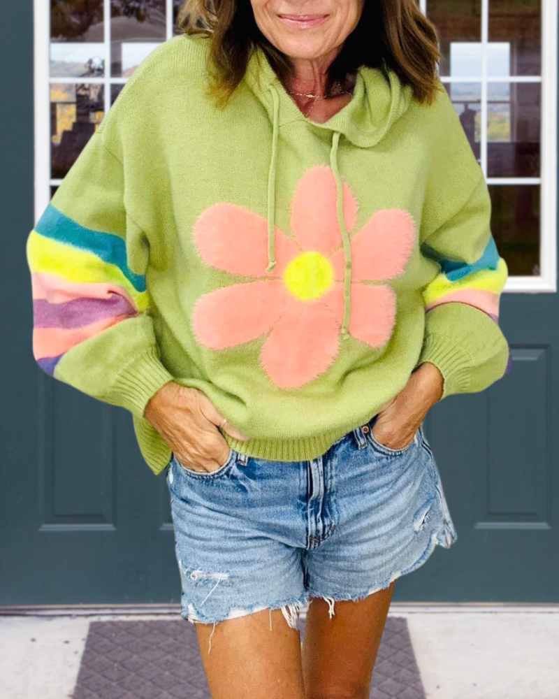 Flower Embroidered Knitted Pullover Hoodie