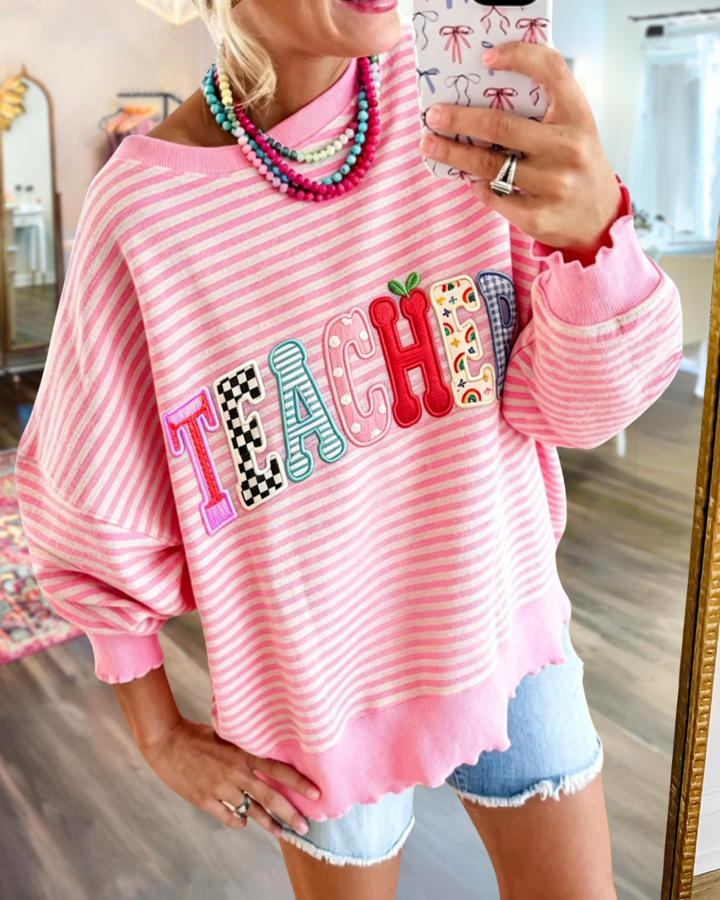 TEACHER Embroidered Striped Sweatshirt