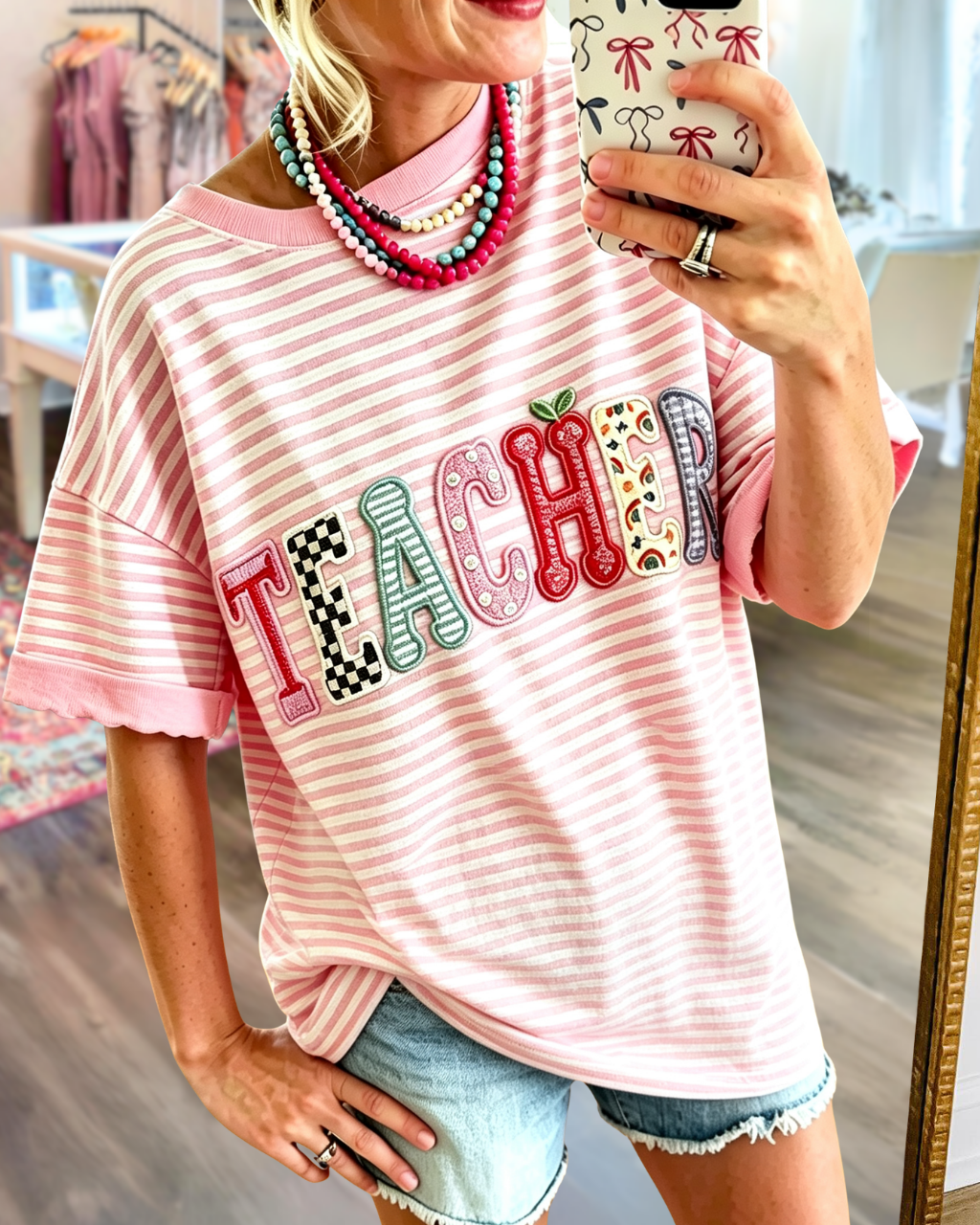 TEACHER Embroidered Striped T-shirt
