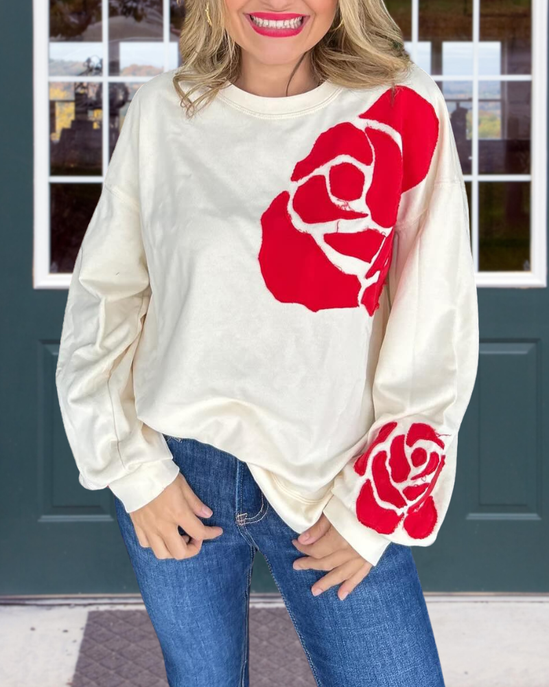 Patchwork Embroidered Rose Sweatshirt