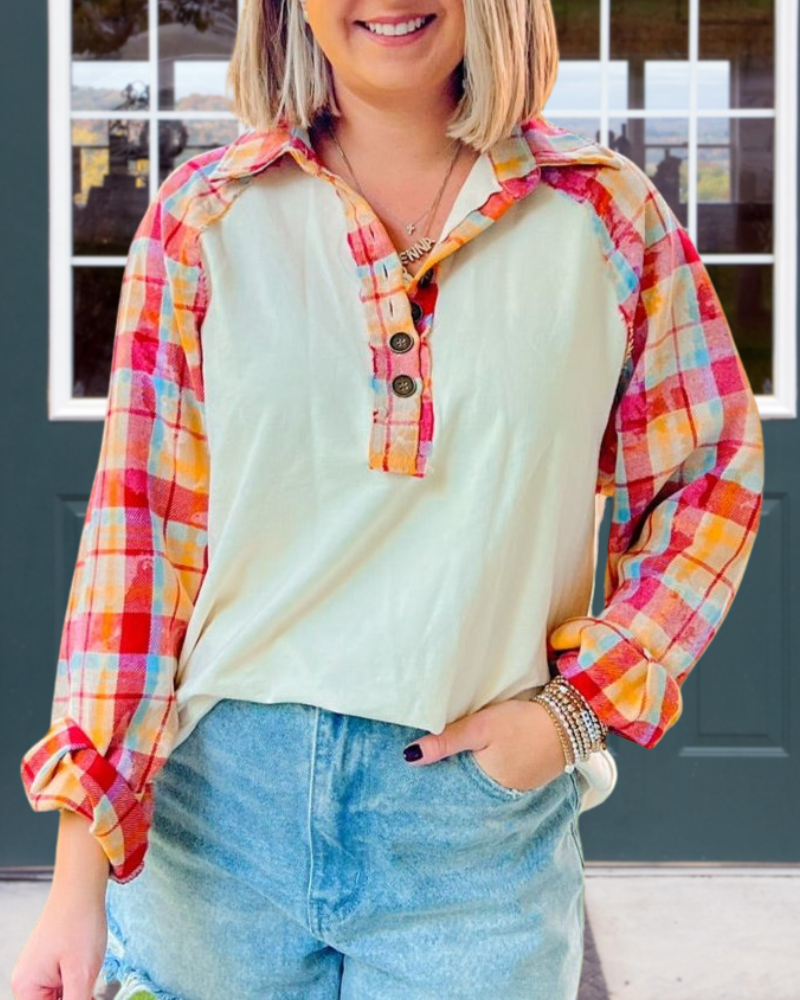 Colorblock Plaid Half Collar Top