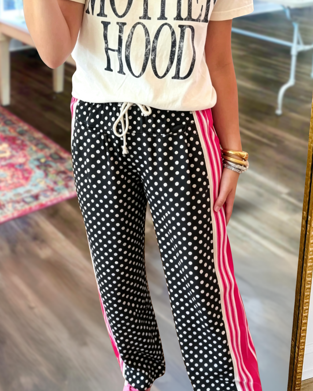 Contrast Striped Trim Polka Dot Pants