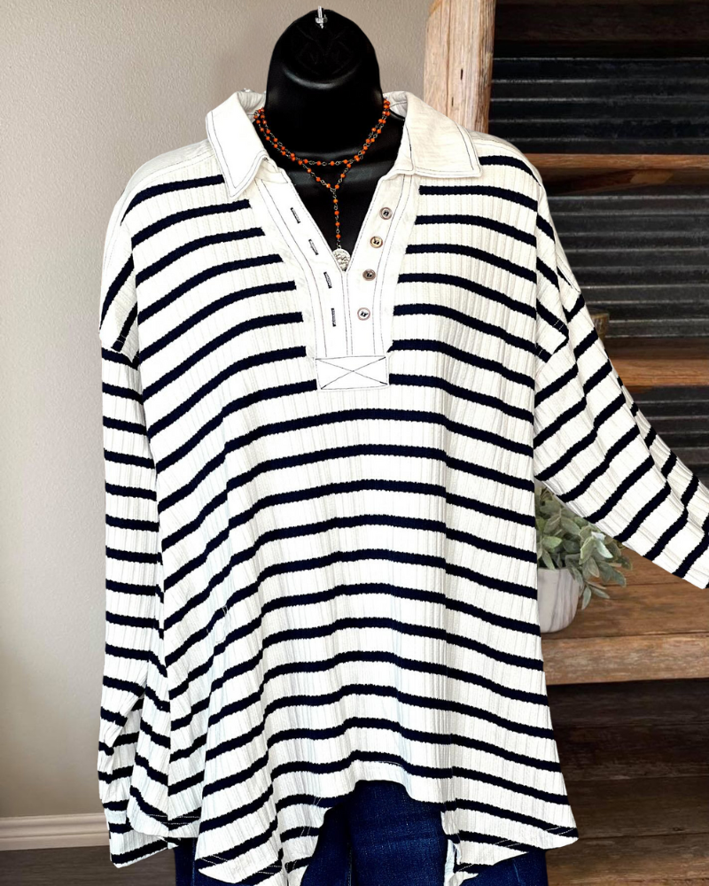 Striped Ribbed Polo Pullover