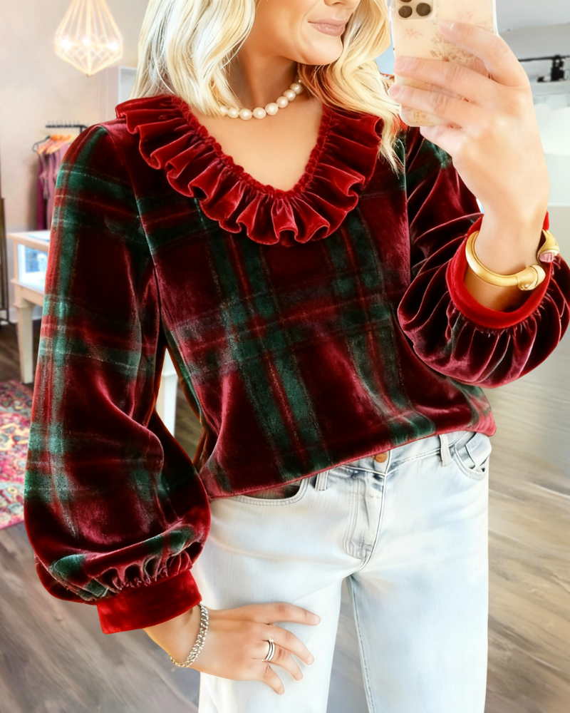 Checkered Ruffled Velvet Top