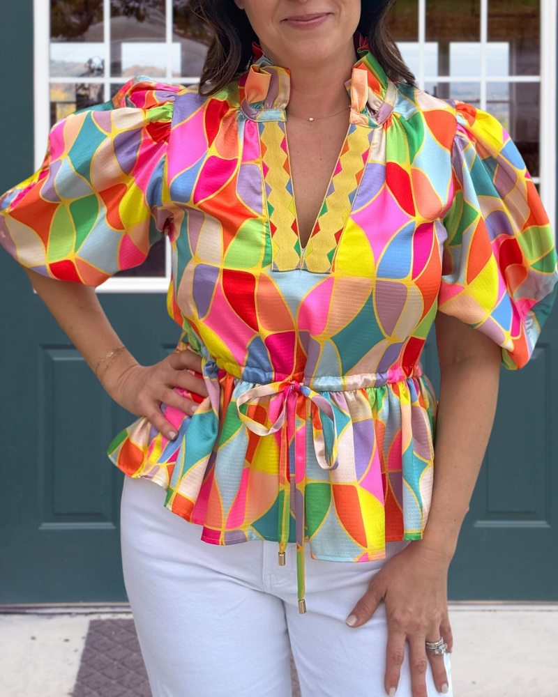 Abstract Colorful Geometric Ruffle Top