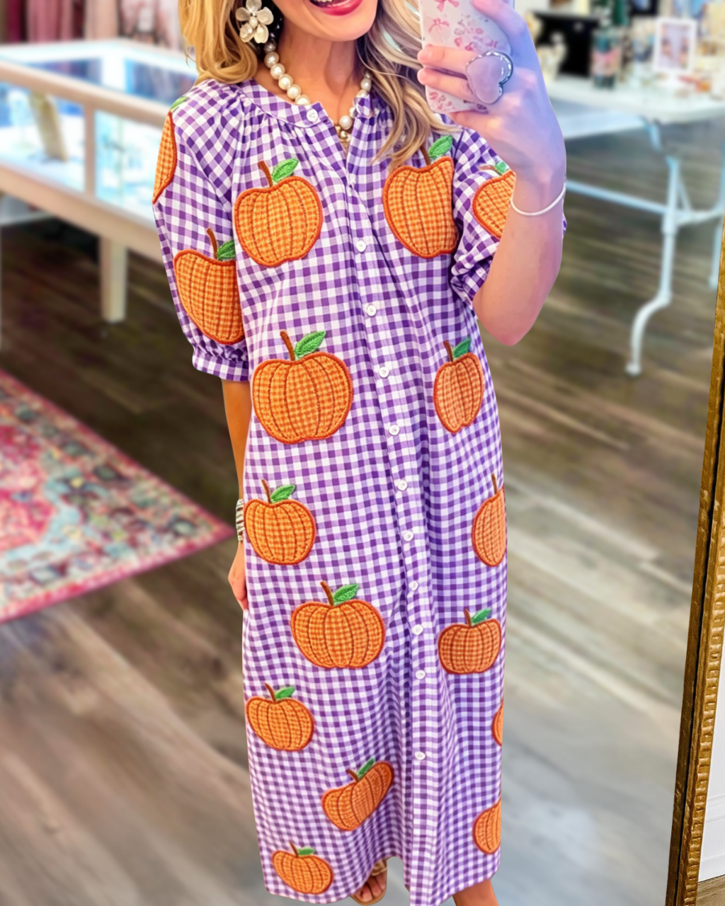 Pumpkin Sequined Plaid Shirt Dress
