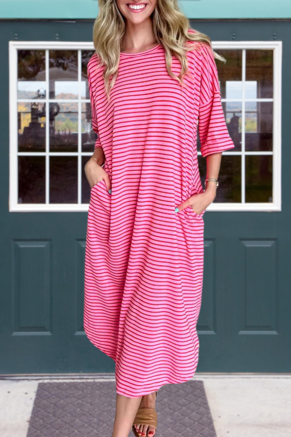 Pink Striped Midi Dress