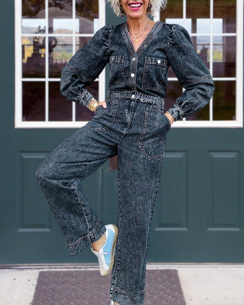 Puff Sleeve Denim Washed Jumpsuit