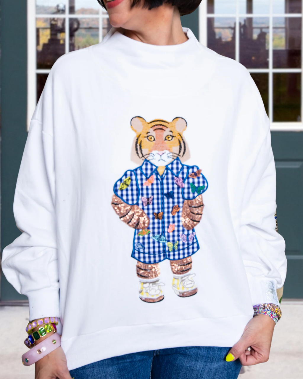 Playful Butterfly Tiger Embroidery Sweatshirt