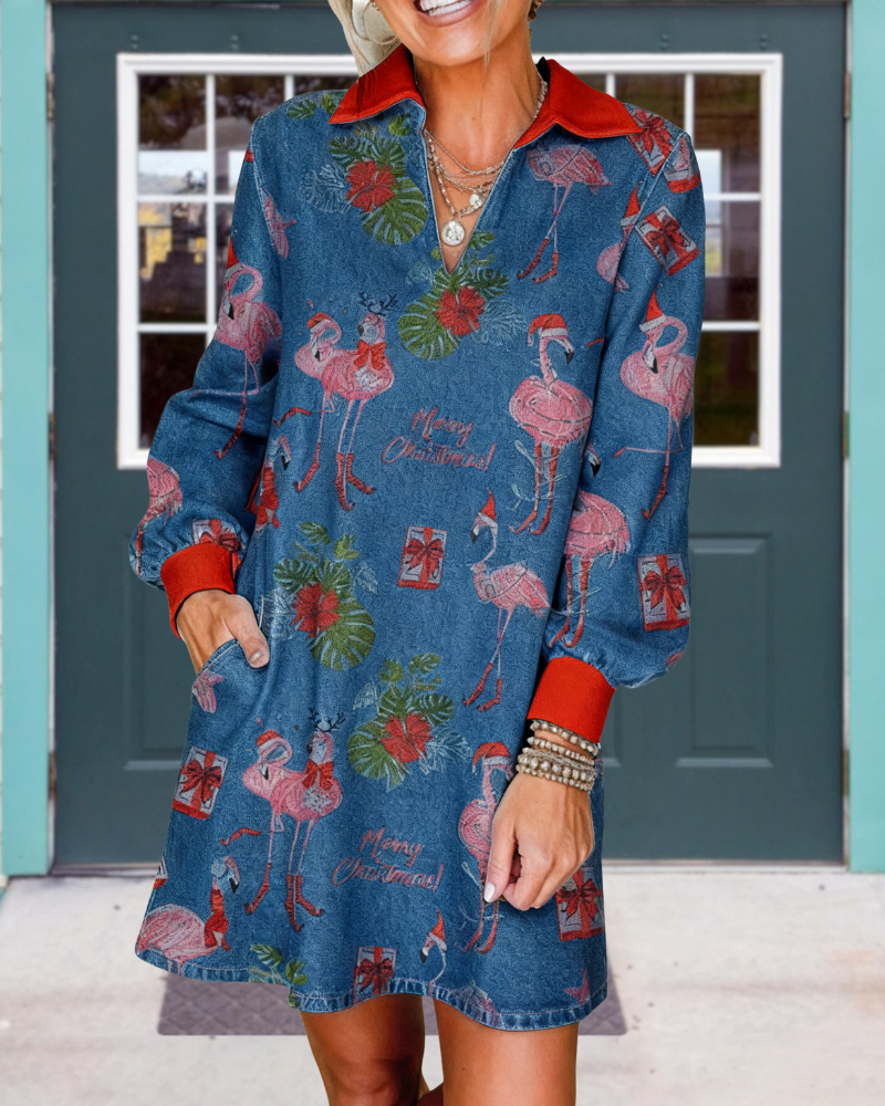 Christmas Flamingo V-neck Dress