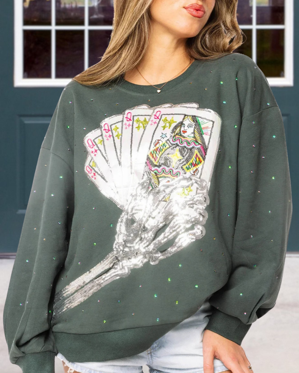 Sequin Skeleton Playing Card Pullover