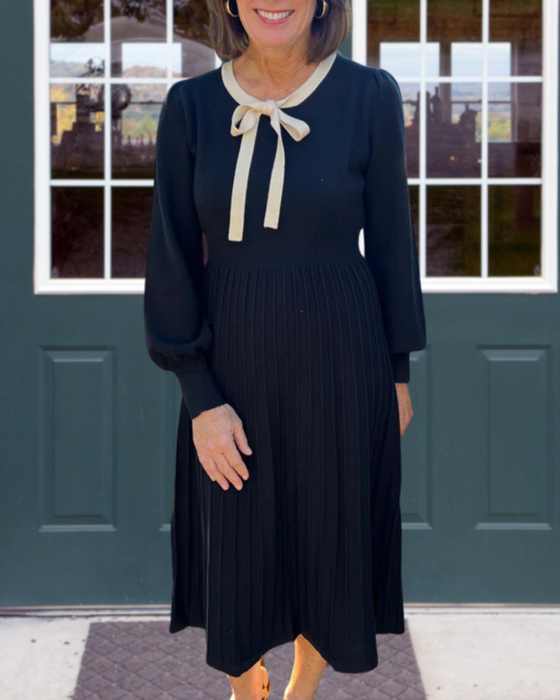 Bow Tie Crew Neck Pleated Dress