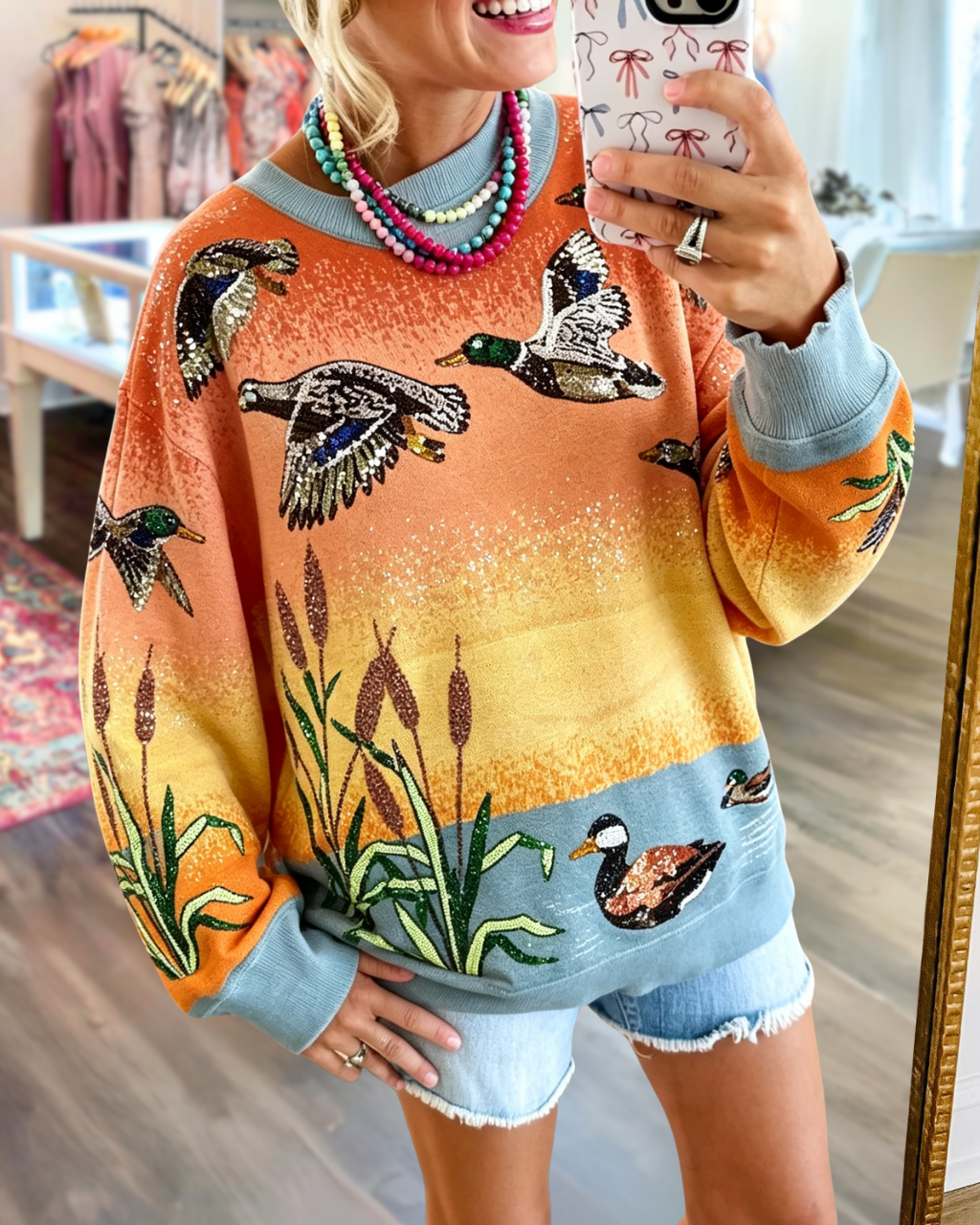 Mallard Duck Sequin Landscape Print Sweatshirt