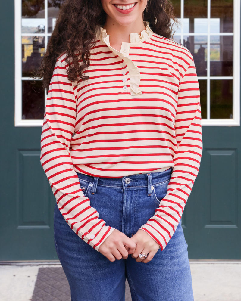 Striped Ruffle Half Collar Button Top