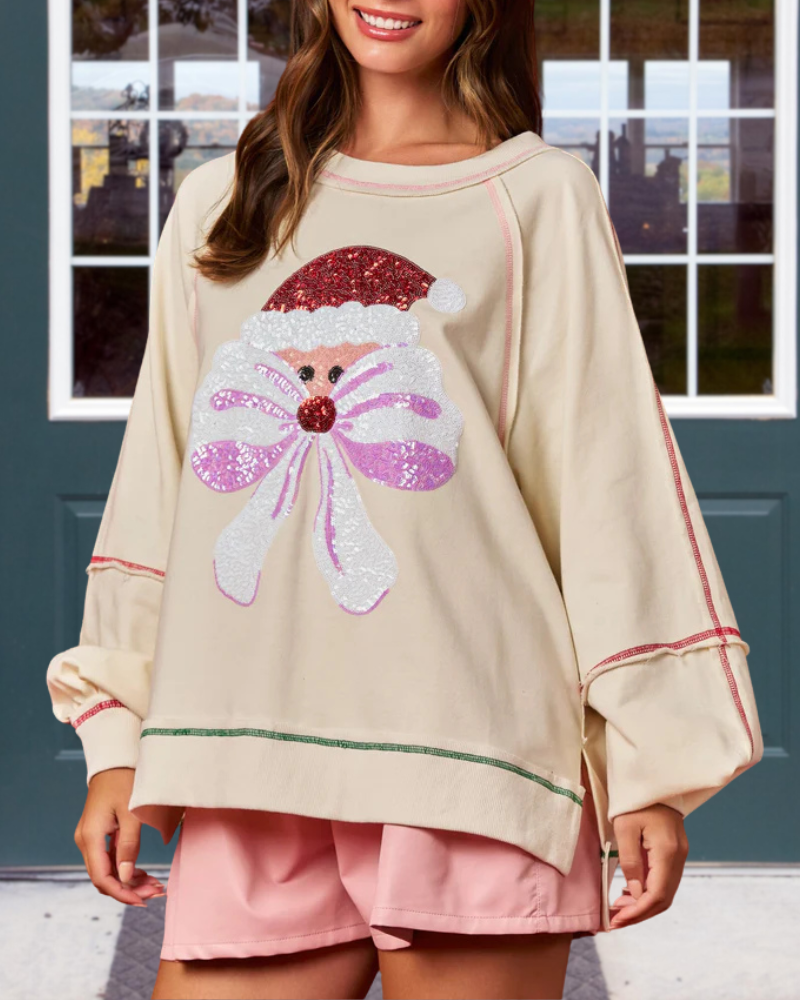 Playful Bow Santa Sequined Sweatshirt