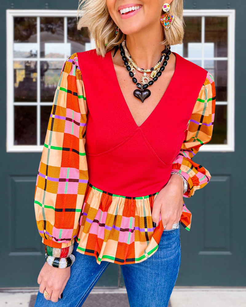 Colorful Plaid Sleeves V-neck Top