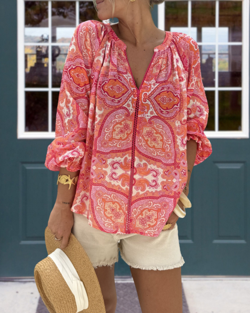 Oversized Paisley V-neck Blouse
