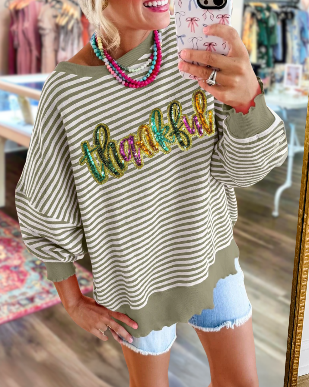 Sparkly Thankful Sequin Striped Sweatshirt