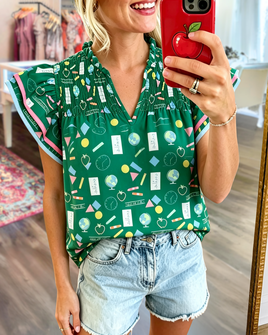 School Supplies Pleated V-neck Top