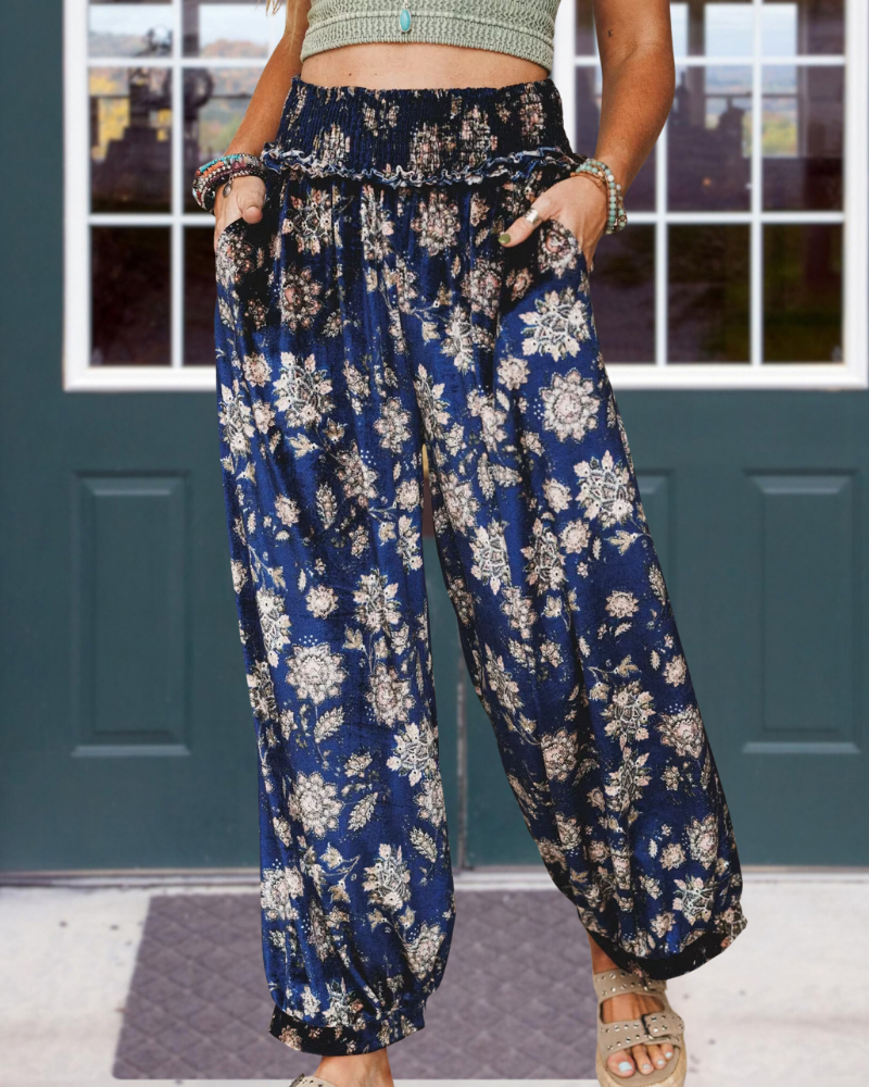 Floral Wide-Leg Ruffle Pants
