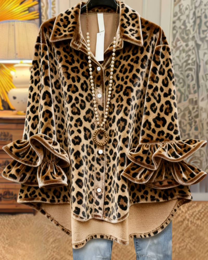 Stylish Leopard Ruffled Velvet Blouse