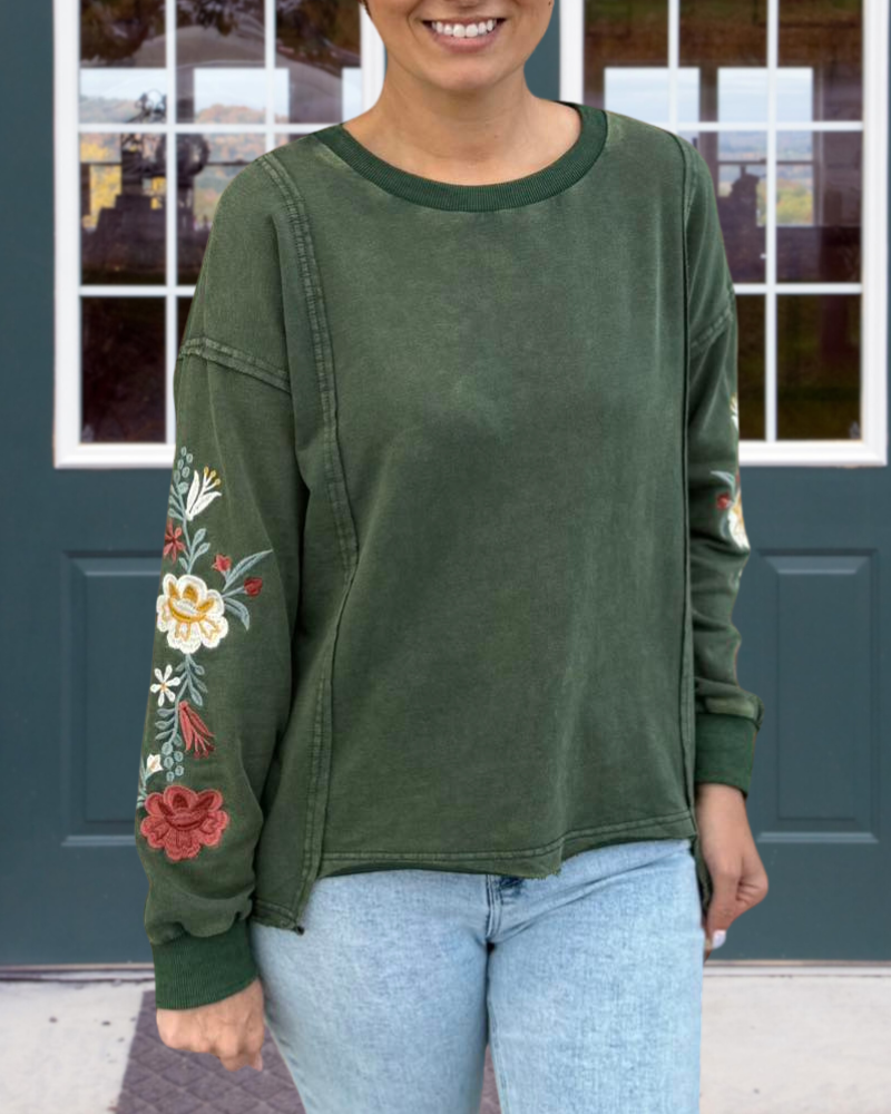 Floral Embroidered Washed Distressed Sweatshirt