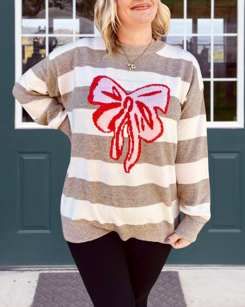 Striped Bow Embroidered Sweater