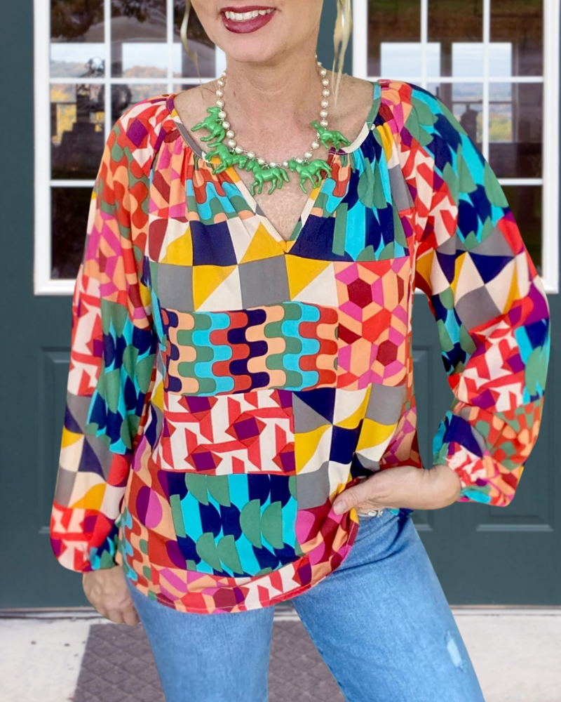 Colorful Geometric V-Neck Top