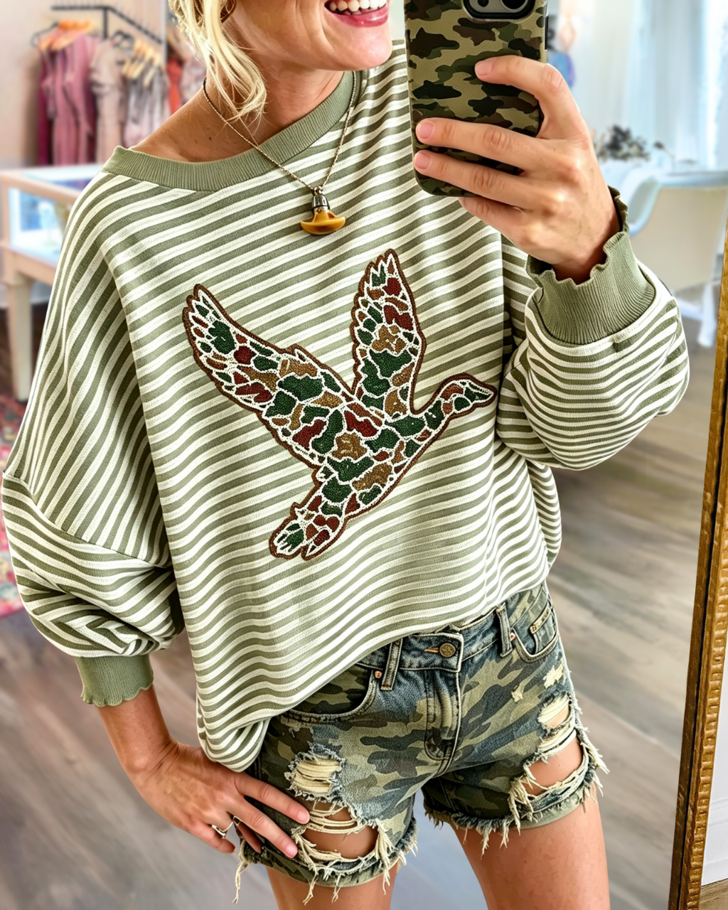 Camo Duck Hunt Embroidered Striped Sweatshirt