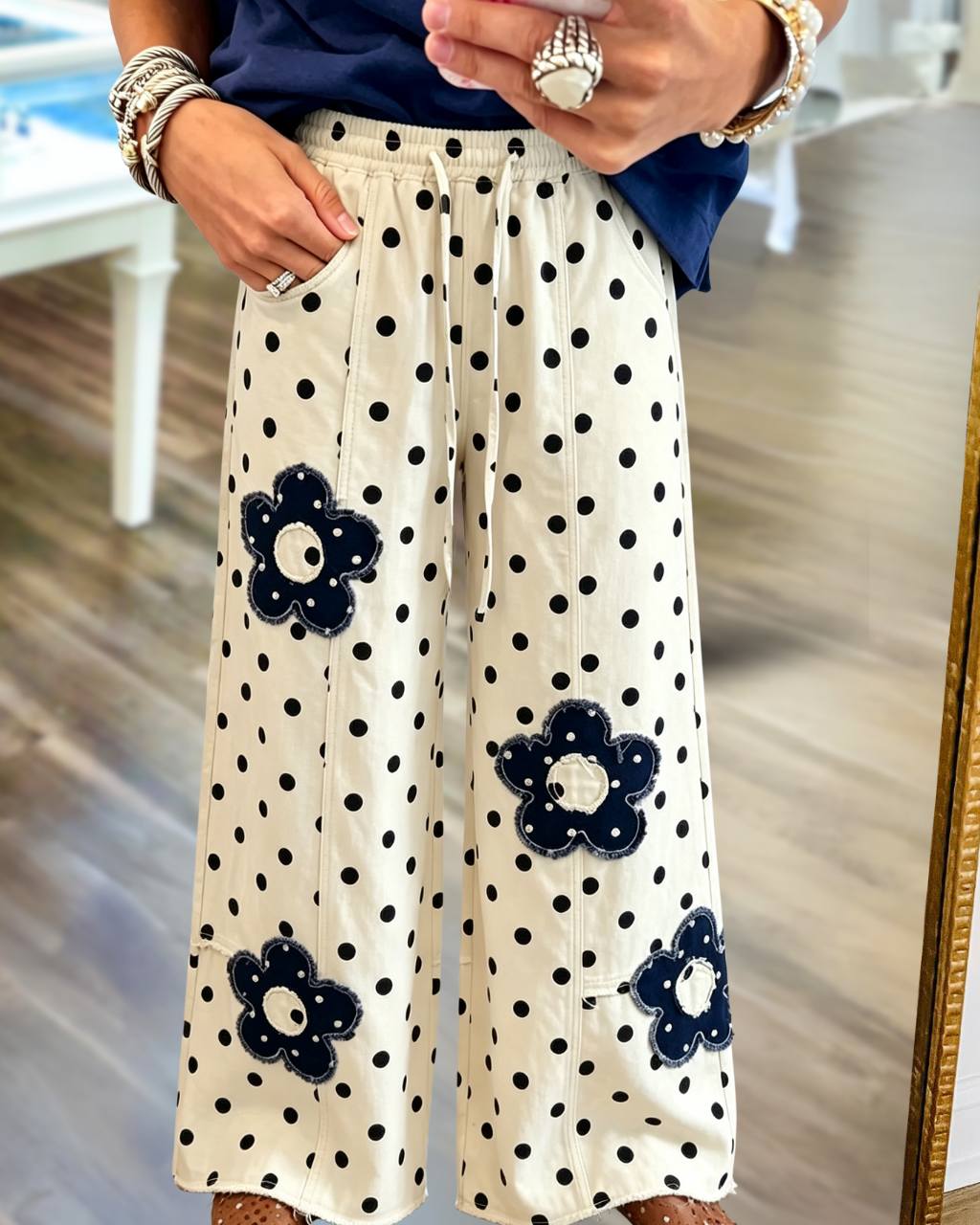 Floral Embroidered Patch Polka Dot Pants