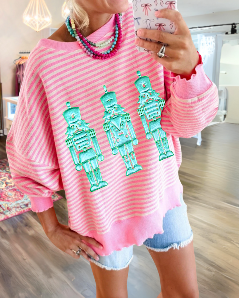 Nutcracker Soldier Print Striped Sweatshirt
