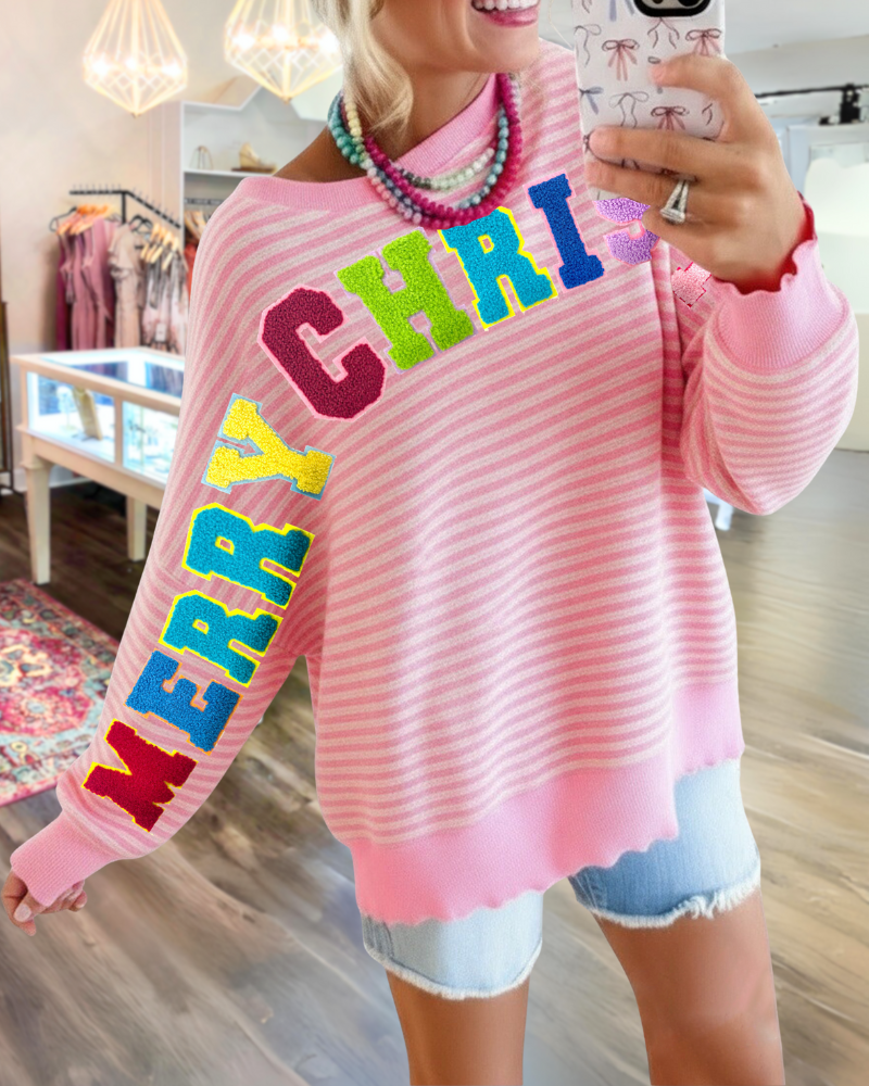 Merry Christmas Embroidered Striped Sweatshirt
