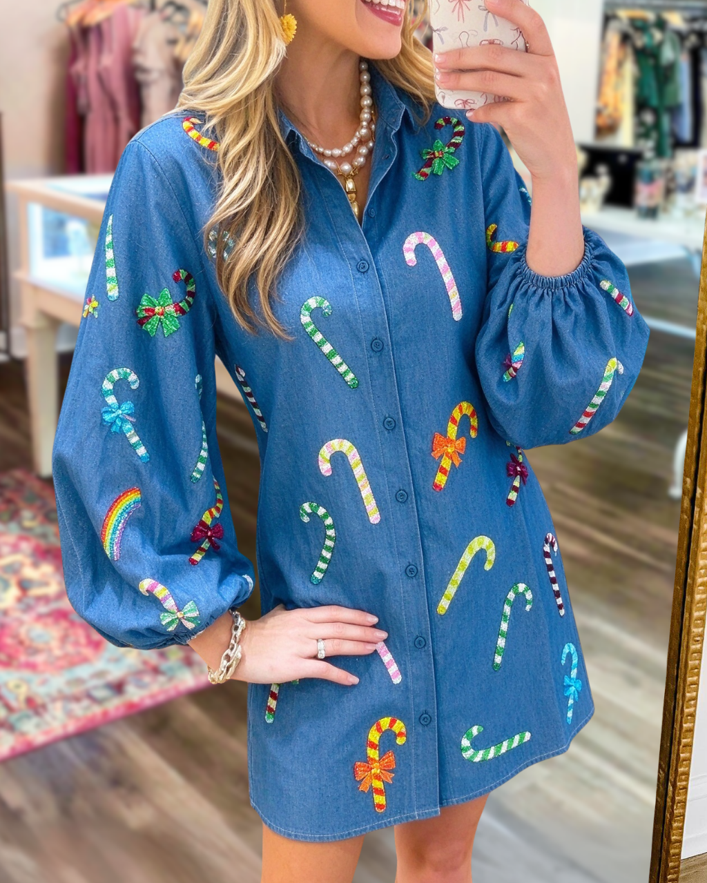 Christmas Candy Cane Sequined Denim Shirt