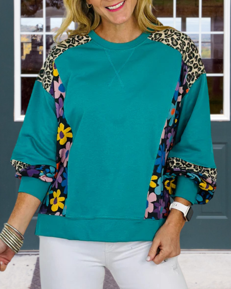 Leopard Print Floral Patchwork Sweatshirt