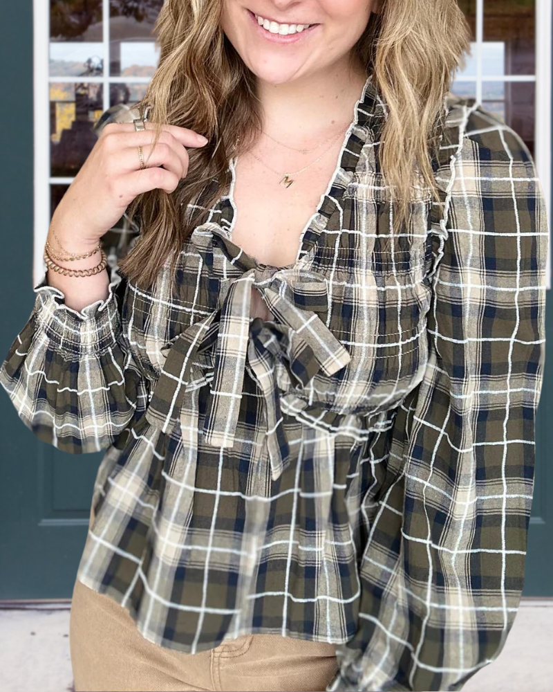 Plaid Pleated V-Neck Top