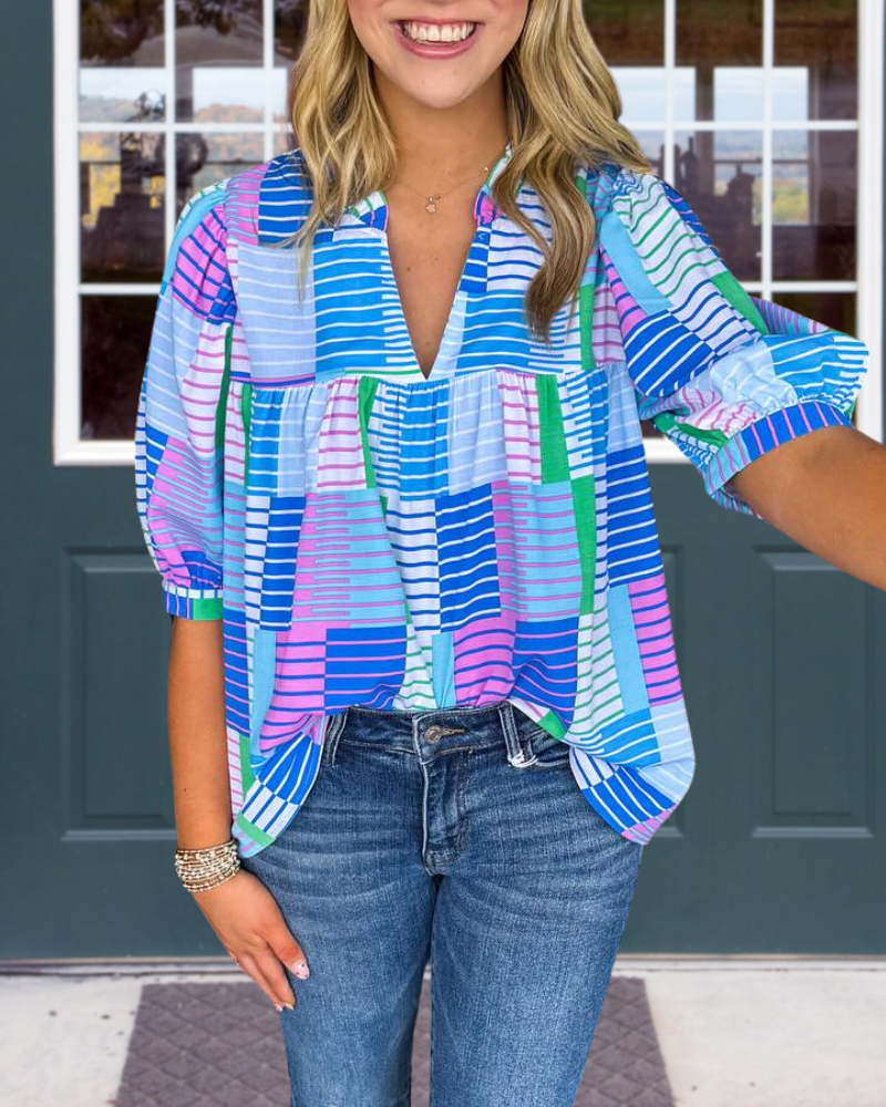 Color Block Stripe V-Neck Top