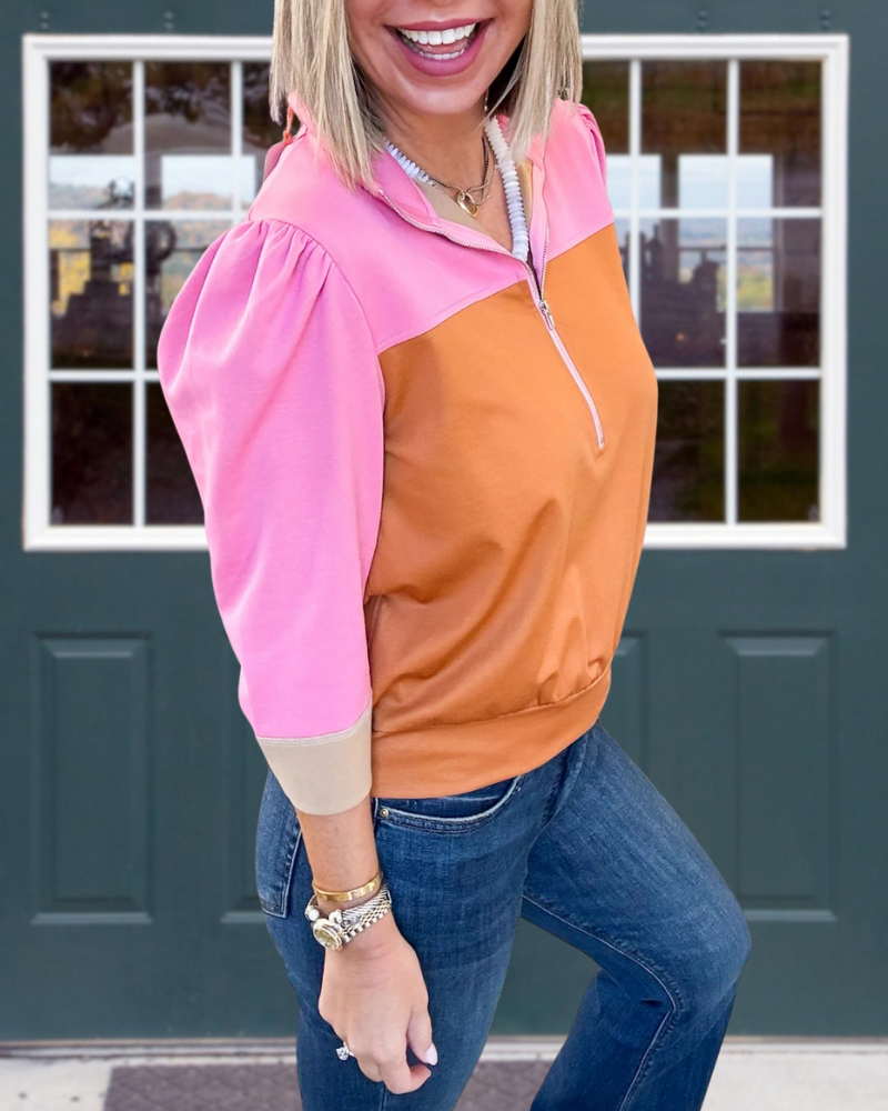 Colorblock Half-Neck Zip-Up Top