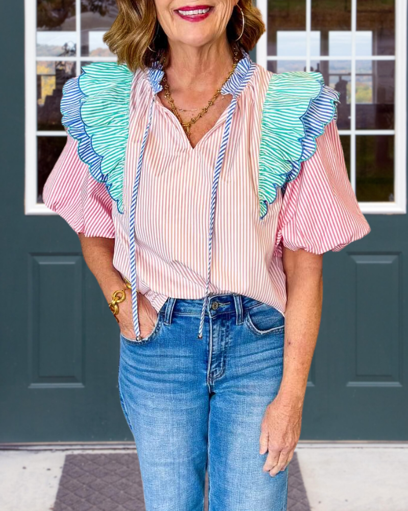 Colorful Layered Ruffle Striped Top