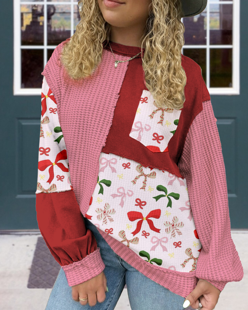 Bow Waffle Patchwork Pullover