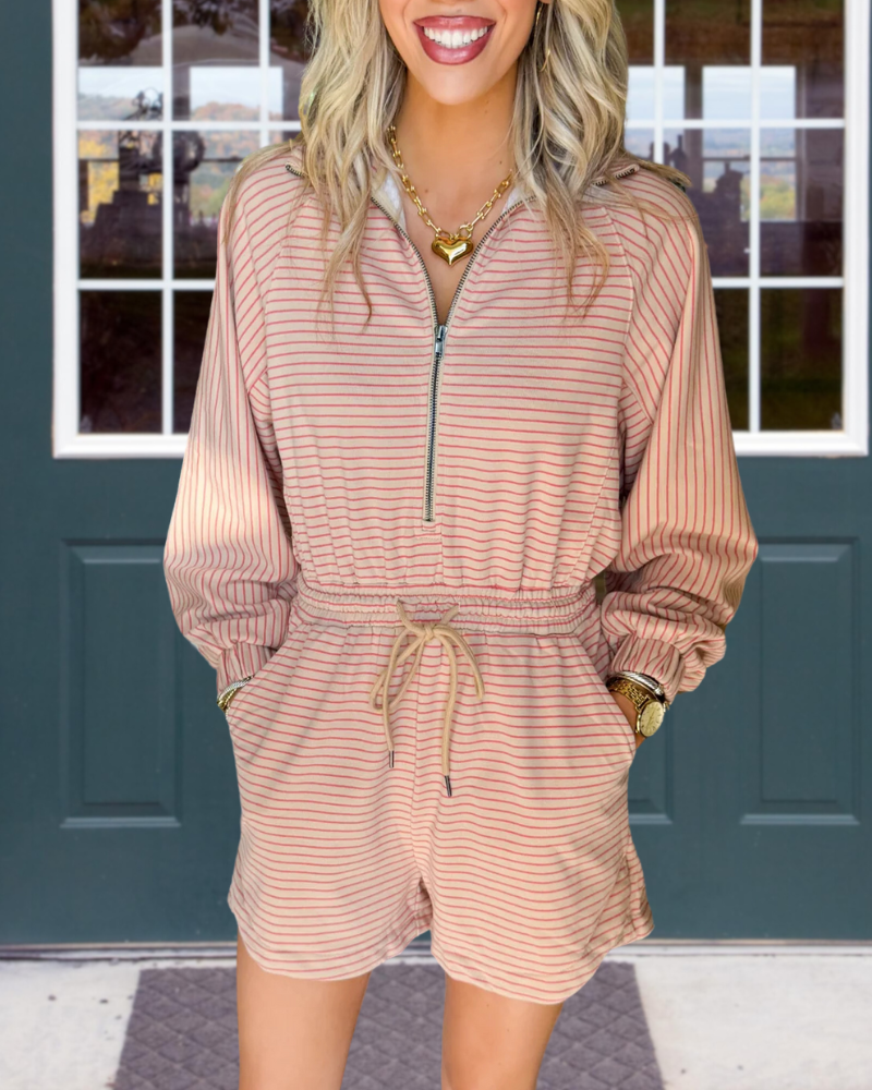 Striped Half-zip Drawstring Waist Jumpsuit