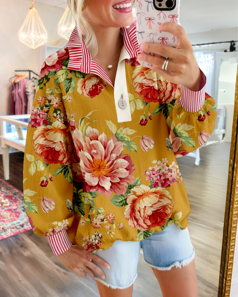 Blooming Floral Striped Trim Top