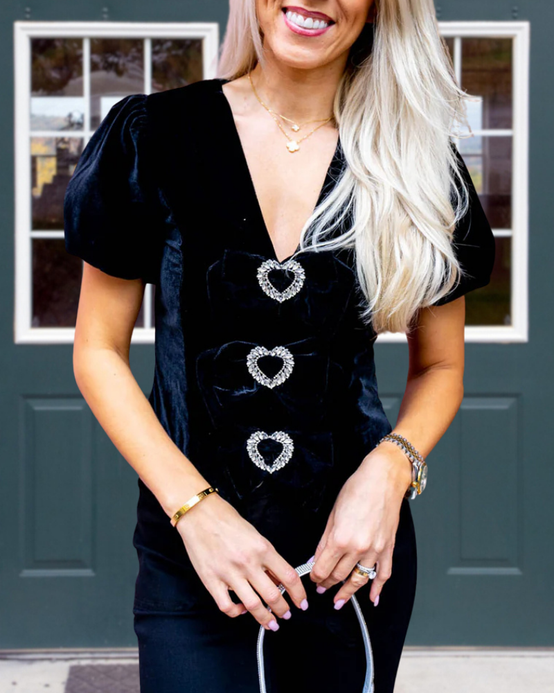 Heart Velvet V-Neck Top