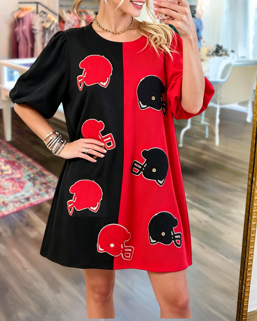 Helmet-embroidered Patch Color-blocked Dress