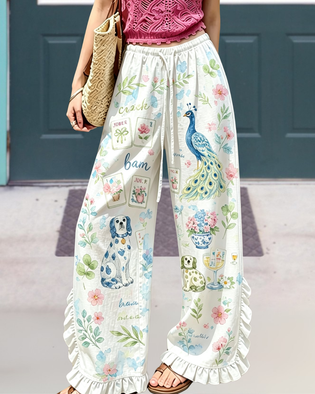 Floral Mahjong Peacock Pattern Pants