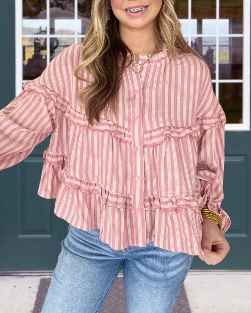 Casual Ruffle Detail Striped Blouse