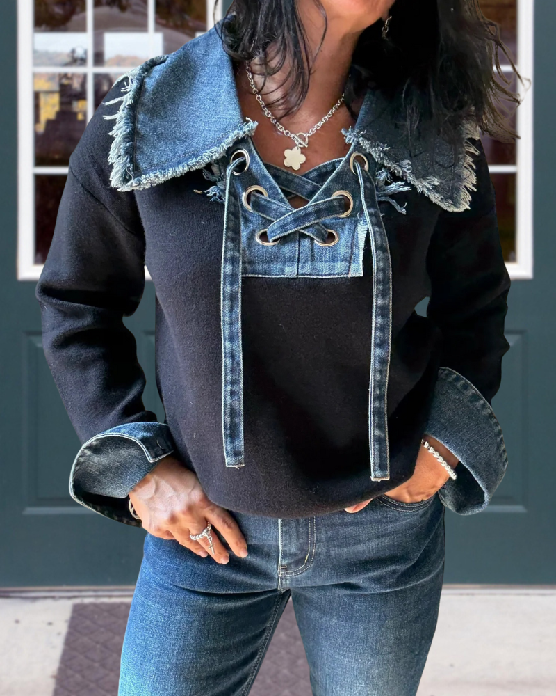 Unique Denim Paneled Tie Top