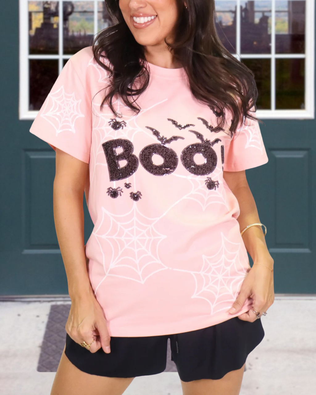 BOO Sequined Spider Web Print Tee